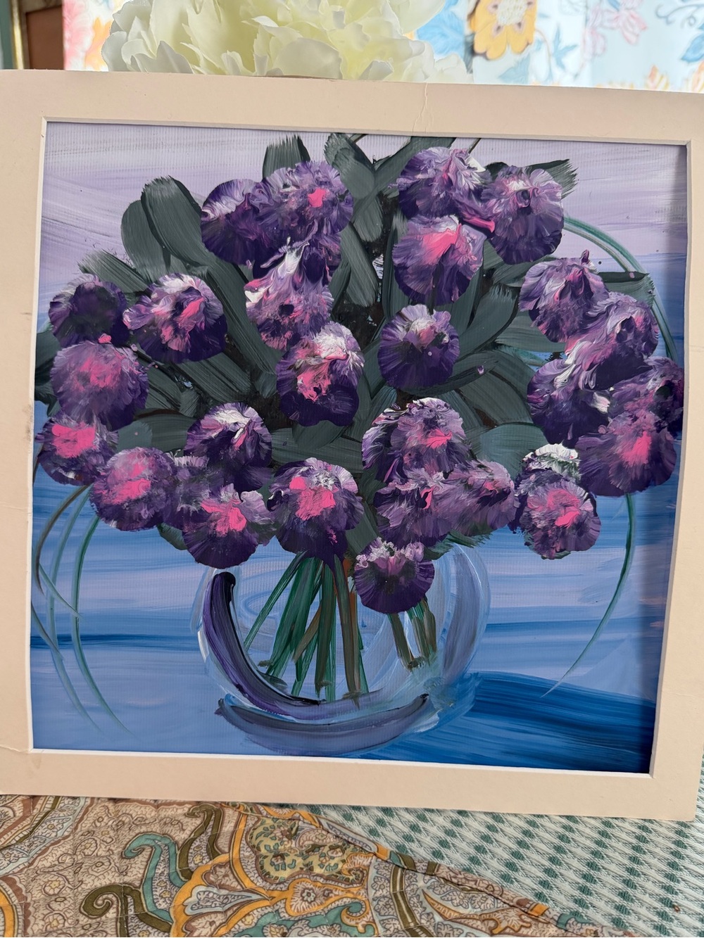 Original Hand Painted Floral Art on Canvas Paper Purple Flowers Still Life